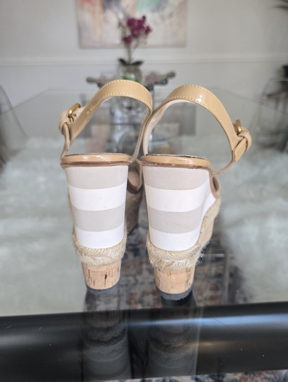 Prada Tan Beige Leather Espadrille Wedge Sandals Square Peep Toe Heels 40 - Picture 14 of 15
